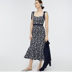 J Crew Navy and White Eyelet Floral Midi Dress NWT
